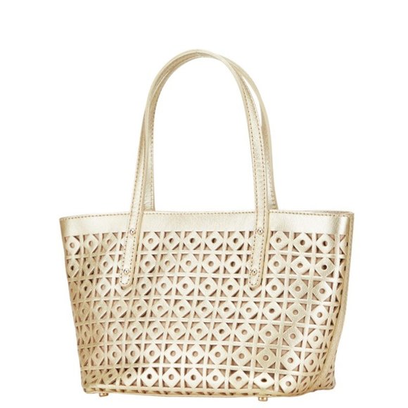 Kate Spade logo punched tote bag, gold leather handbag, women's.
